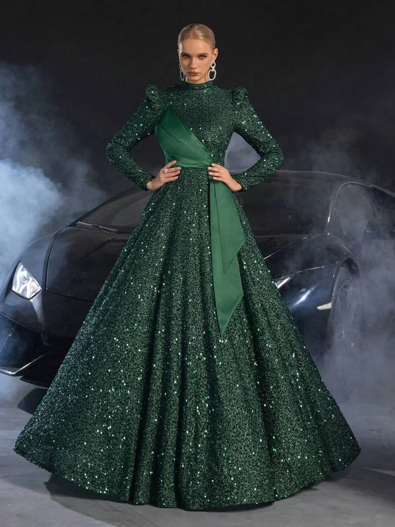 1 piece women's sequined turtleneck Formal dress, Womenswear, luxurious, elegant and Chic style, dress with bow belt and puffed sleeves, suitable for Evening dinners, dances, parties, weddings, important occasions, Valentine's Day, Lady