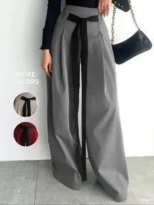 Women's Colorblock Tie Front Plicated Wide-Leg Pants, Casual Comfy Trousers for Work Office Business, Ladies Bottoms for All Seasons
