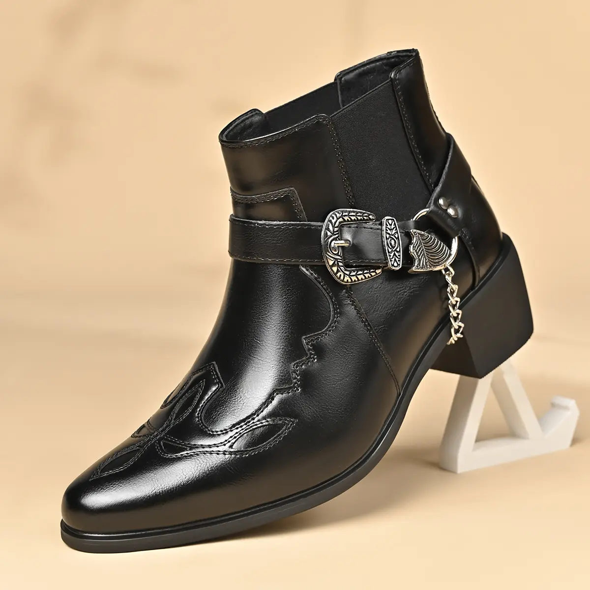 Men’s Elegant Western PU Leather Ankle Boots Footwear - Pointed Toe, Side Elastic Ankle, Decorative Metal Buckle & Chain, Block Heel, Waterproof, Embroidered, Lace-Free for Night-Out, Casual Occasions (Black, Brown)