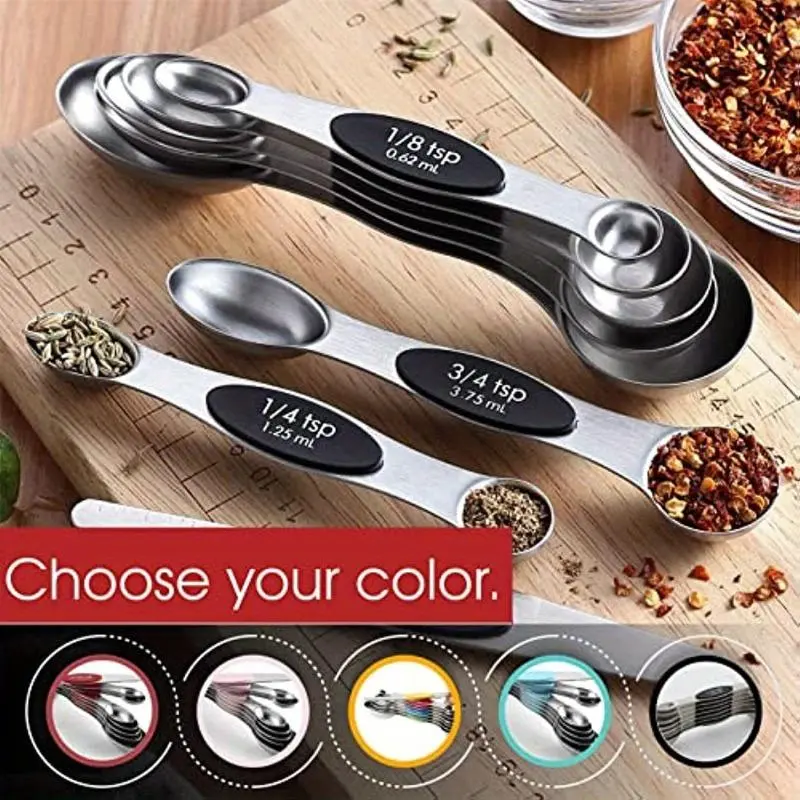 8pcs/set, Multifunctional Measuring Spoon, Magnetic Measuring Spoon, Stainless Steel Measuring Spoon, Baking Tools, Food Grade Graduated Measuring Spoon, Double End Measuring Spoon Set, Kitchen Utensils, Kitchen Gadgets, Apartment Essentials