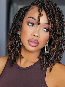 14 Inch Ombre Brown Short Shoulder Length Lace Front Braid Dreadlock Wig, Synthetic Hair Wig for Women, Synthetic Curly Wigs