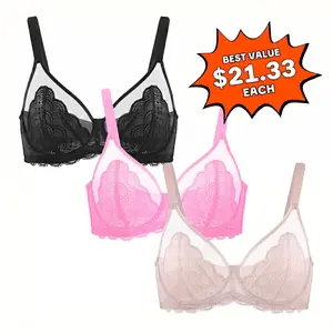 【3 Pack】HSIA Mermaid Scales Unlined Sexy Lace Mesh Bra Plus Size Full Coverage Underwire Minimizer Bra Wide Adjustable Straps for Curvy Women Back Smoothing No-Dig Comfort U-Back Shaping Summer Essentials for DDD+Cup Big Busted Women