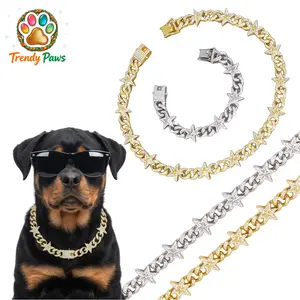 Pet Party Collar​   - Shiny Alloy Cuban Chain with Full Rhinestone Star Pendant, Cute & Edgy Hip Hop Style Collar for Small Medium Dogs Cats, Premium Gift,# PetFashion# HipHopPets