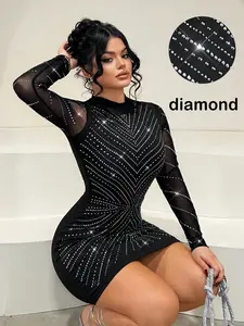 SXY Women’s Long Sleeve Mesh Rhinestone Bodycon Dress – Black Sexy Glam Sparkly New Year Party Dress