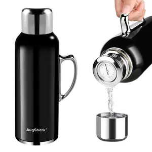 Augshark 34 oz Insulated Water Bottle, Black Tumbler ,Double Wall Vacuum Stainless Steel Water Flask Jug with Handle & Metal Mechanical Temperature Measuring Cup Lid, Leakproof Travel Bottle Keep Cold 36h Hot 24h Sports