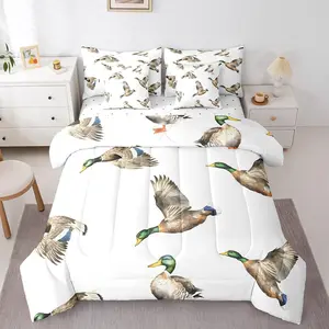 Feelyou 7-Piece Mallard Duck Bed-in-a-Bag, Hunting & Fishing Themed Wildlife White Comforter Set with Sheets, Duck Bed Sets