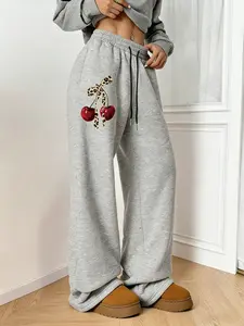 Women's Casual Comfy Stretchy Wide Leg Pants, Leopard Bow & Cherry Print, Comfortable Fitted Trousers, Fashionable Daily Wear, Casual Sporty Trousers, Casual Chic Bottoms, All Seasons