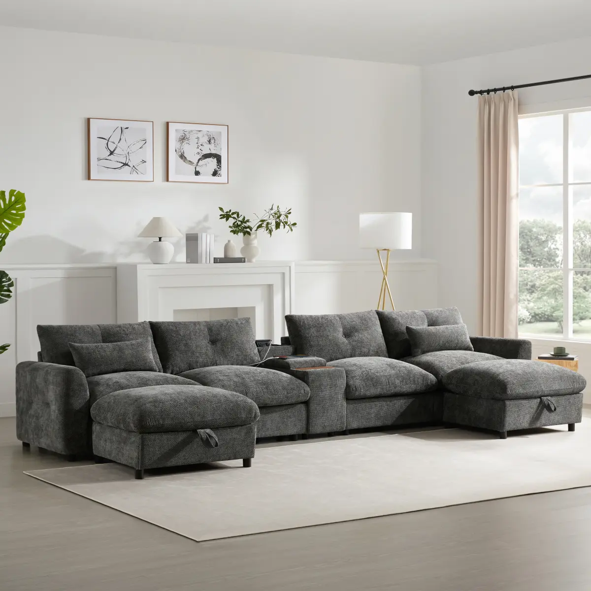 136'' U-Shaped Oversized Chenille Comfy Sofa Couch - Modular Modern Set with Console, Cup Holder, USB Charger, Movable Storage Ottoman, Pull-Line Tufted Design for Living Room (L-Shaped Sofas Compatible)