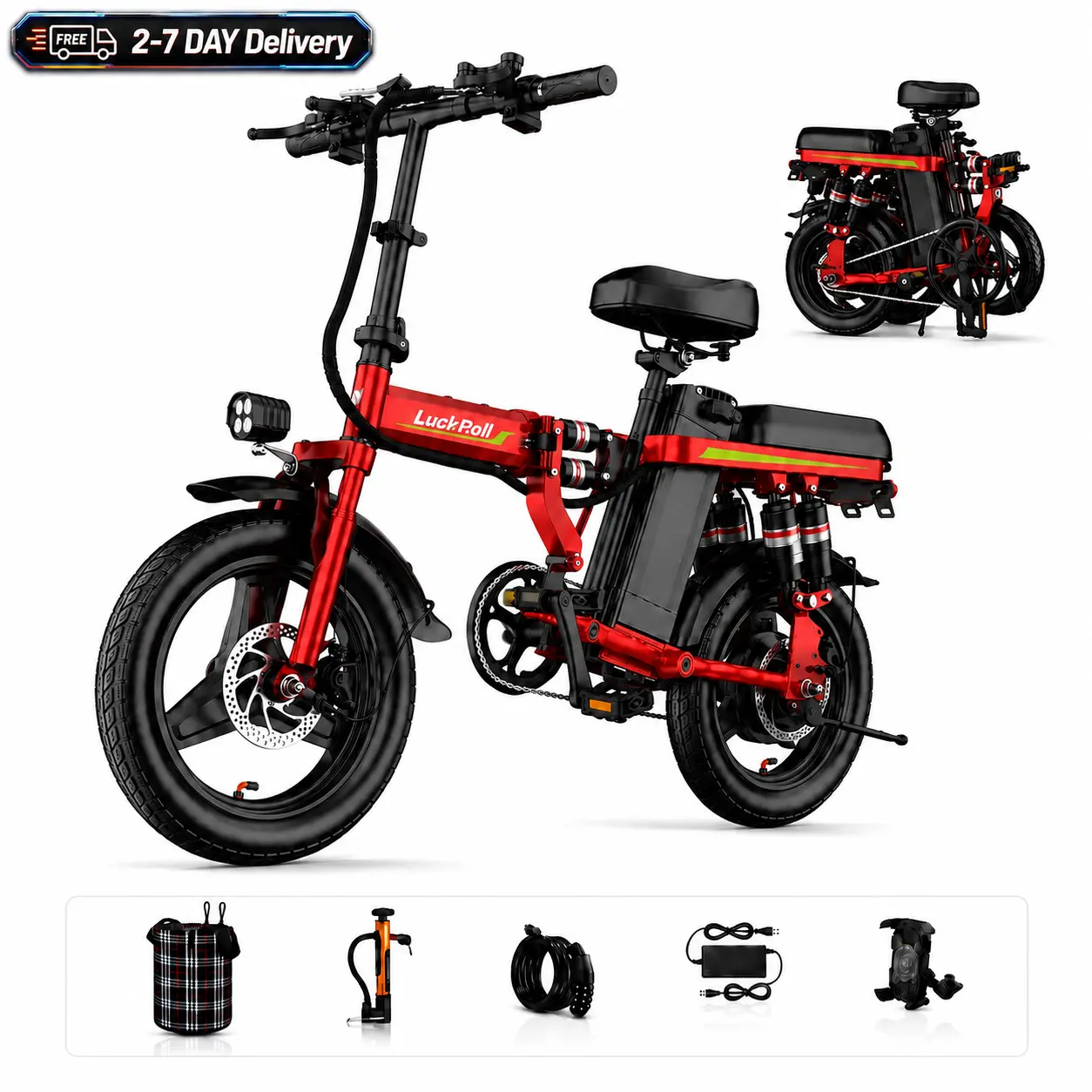14 Inch E-Bike for Adults, 1000W Peak Folding Electric Bicycle (Red), 50 Mi Range, UL2849 Certified Lightweight City Riding Bike