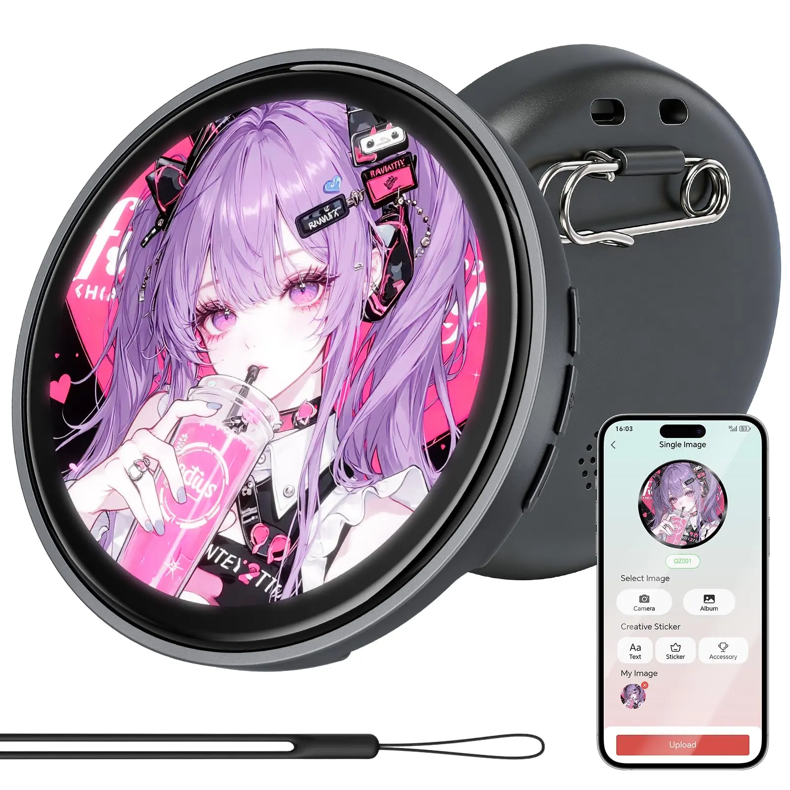 Customizable Digital Anime Badge Pin for Ita Bags & Conventions. 1.85" HD Touchscreen Wearable Video Display for GIFs. Programmable Smart Brooch for Otaku Cosplay Accessories.