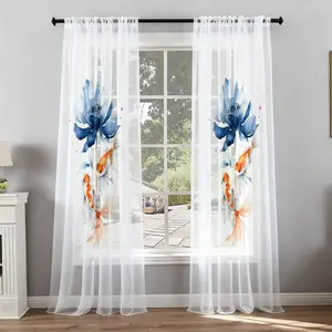 2pc Blue Floral Koi Fish Curtain Set, Transparent Sheer Polyester Fabric, Living Room & Bedroom Decor, Soft Elegant Vertical Pattern, Window Curtain