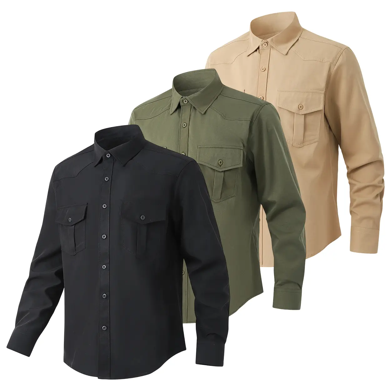 Men’s tactical workwear long-sleeve shirt with two pockets, lightweight outdoor workwear button-up top