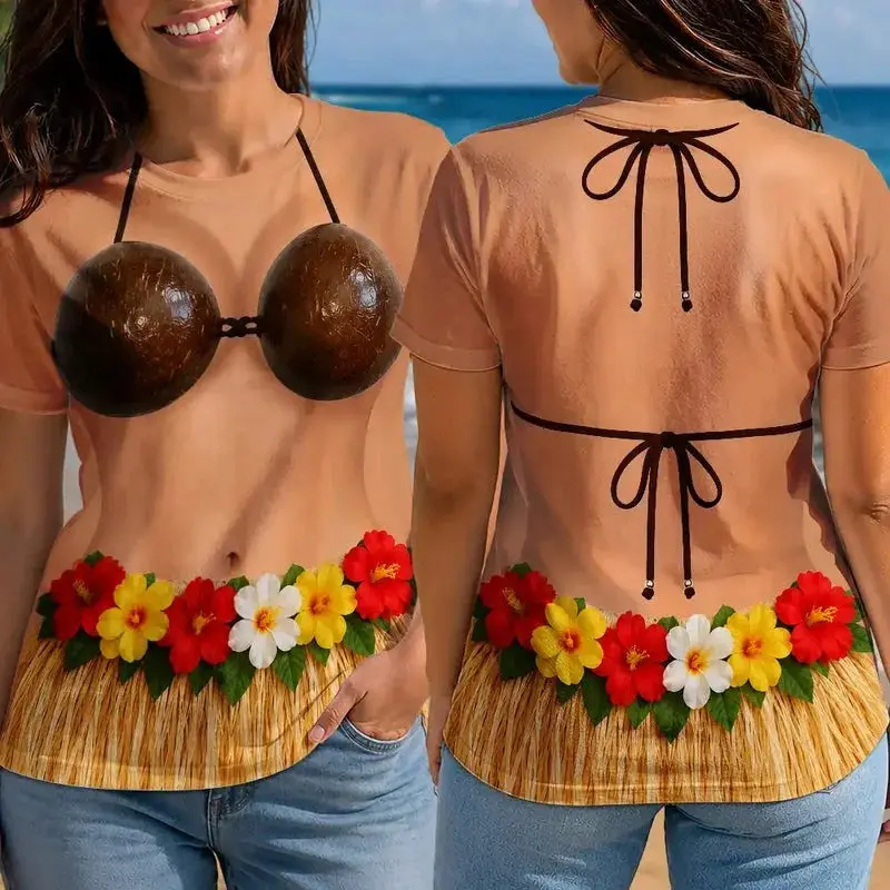 [Made-to-Order] Funny Hawaiian Luau Custom Body T-Shirt Coconut Bikini & Grass Skirt Novelty Costume Tee