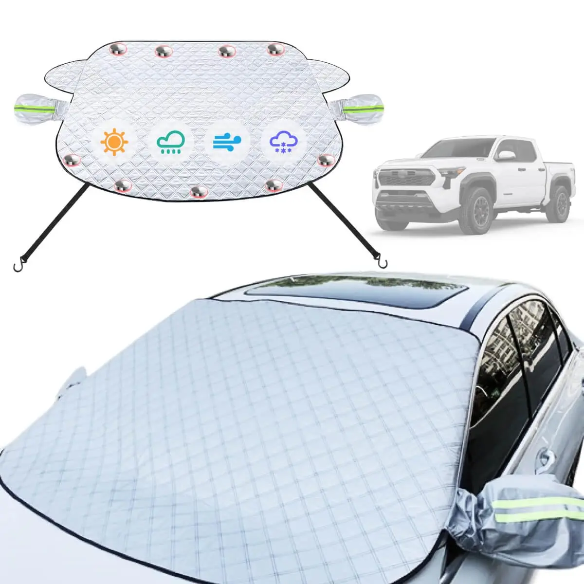 Car Windshield Cover Compatible With Toyota Tacoma 2025 2024 2023 2022-2016 Upgraded Custom Fit Magnetic Windproof Sunshade 4-layer Protection Ice  Uv Frost Wiper & Mirror Covers