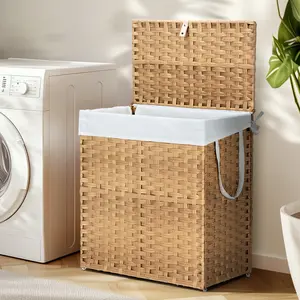 Laundry Basket with Lid, 90L/110L Hand-Woven Pp Rattan Laundry Basket with Compartments & Handles, Foldable, Removable Liner
