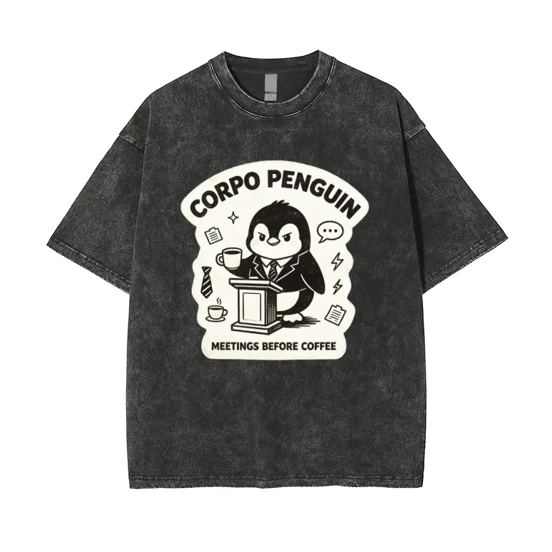New Arrival Limited Time Deal - Unisex Corpo Penguin Graphic Round Neck Short Sleeve Tops, Vintage Washed Black Relaxed Fit T-Shirt with Funny Office Penguin Coffee Print, Breathable Casual Shirt