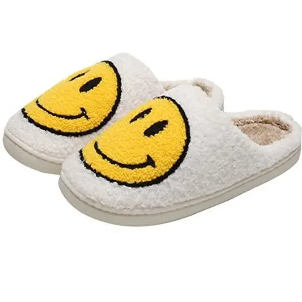 PLMOKN Smiley Face Slippers Indoor And Outdoor Mens House Cute Fuzzy Keep Warm Animal Cloud Slides, B-white, 6.5-7.5 Women/6-7 Men