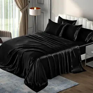 6 ieces  Satin Sheets Luxury Silky Black Satin Bedding Sheet Set, 1 Dee ocket Fitted Sheet + 1 Flat Sheet + 4 illow Cases