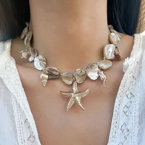 CRUSH CR Chunky Pearl Bracelet Necklace for Women Beach Starfish Shell Boho Statement Jewelry Vacation Freshwater Pearl Choker Summer Coastal Accessories