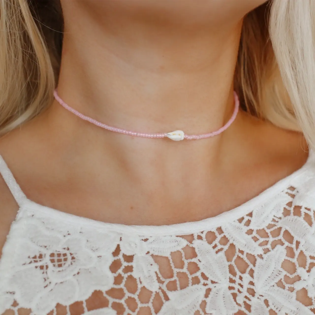 Baby pink opal sea shell beaded choker necklace