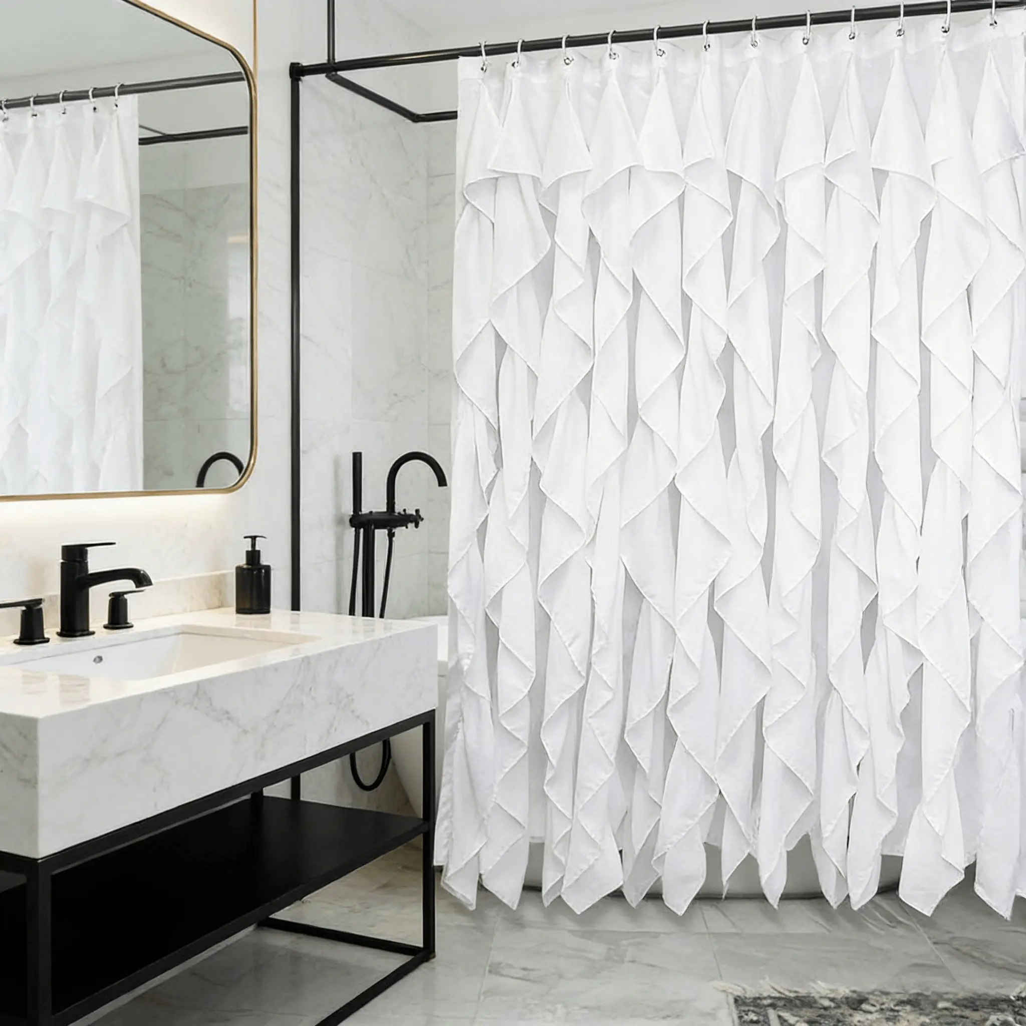 Ruffled Fringe Shower Curtain, Polyester Fiber, Artistic Ripple Design, Elegant Bathroom Decoration, Easy Hang Hooks, Bath Accessories, Hanging, Aesthetic Shower Curtain, Pretty Shower Curtain
