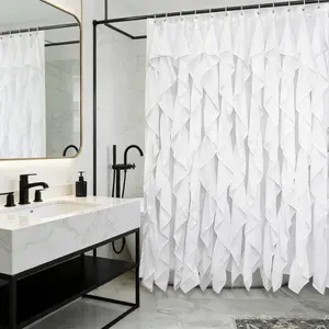 Ruffled Fringe Shower Curtain, Polyester Fiber, Artistic Ripple Design, Elegant Bathroom Decoration, Easy Hang Hooks, Bath Accessories, Hanging