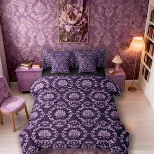 Feelyou 7-Piece Black and Purple Damask Floral Comforter Set with Sheets, Multi-Size Antique Gothic Vintage Luxe Bohemian Bedroom Bedding Set, Decorative Bed-in-a-Bag, Decorative Bedding Set