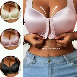 3PCS Plus Size Front C  losure Bra, Full Coverage Supportive Wireless Lift Bra, Comfortable Everyday T-Shirt Bra women push, Solid, Straps