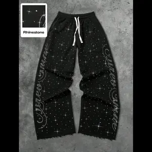 Men's Street Style Rhinestone Straight Leg Sweatpants, Loose Fit Long Pants Design, Comfortable Fashion Joggers for All Seasons