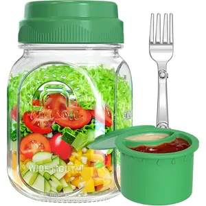[UPGRADE] 1 Pack Glass Salad Pod with  Divider Container for Lunch Meal Prep, Leakproof Salad Jar with Lid & Fork, Separation Divider for Dressing Sauces & Dry Ingredients, 32 oz Mason Jar