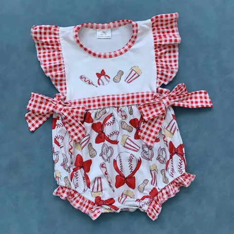 Baby girls red plaid baseball summer romper