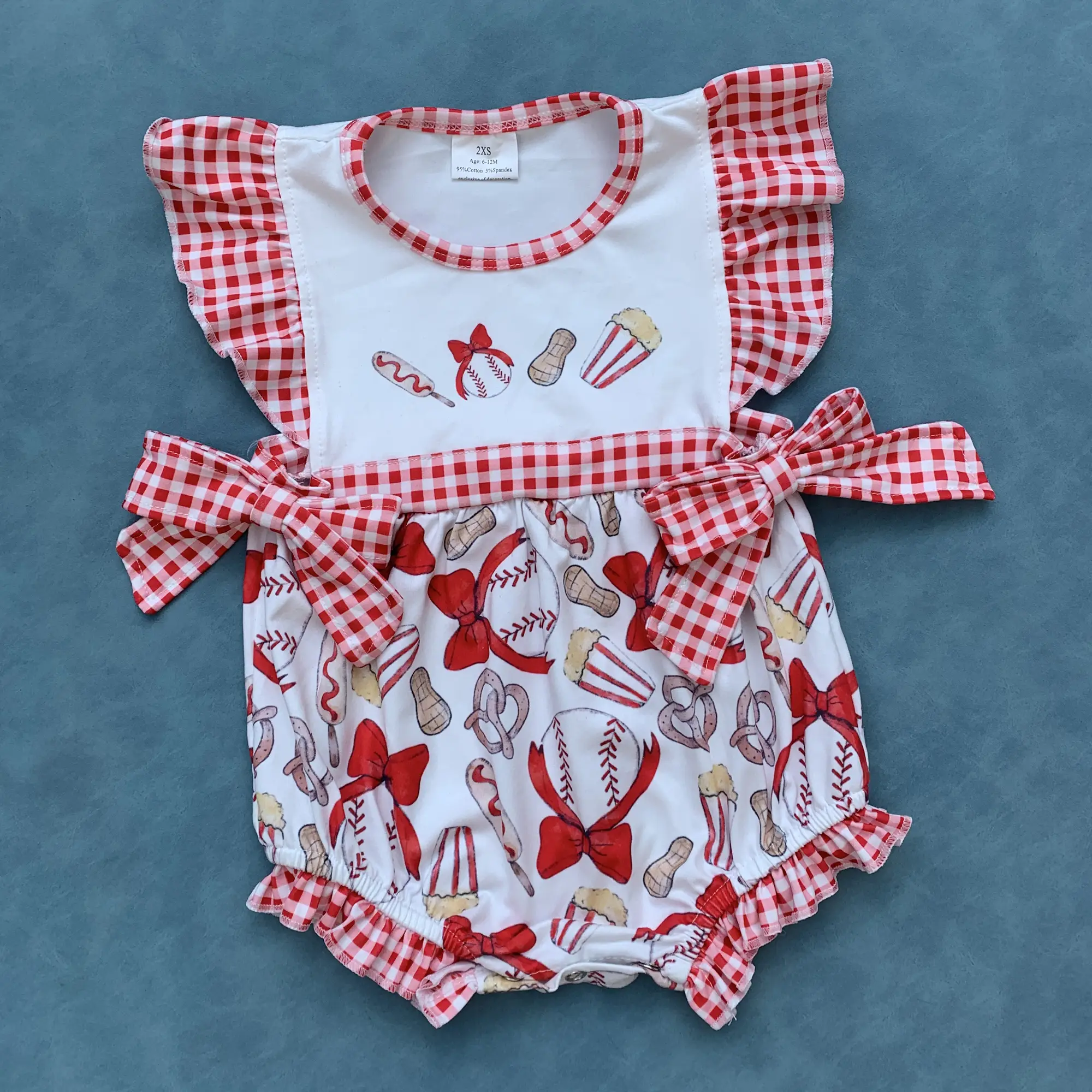 Baby girls red plaid baseball summer romper