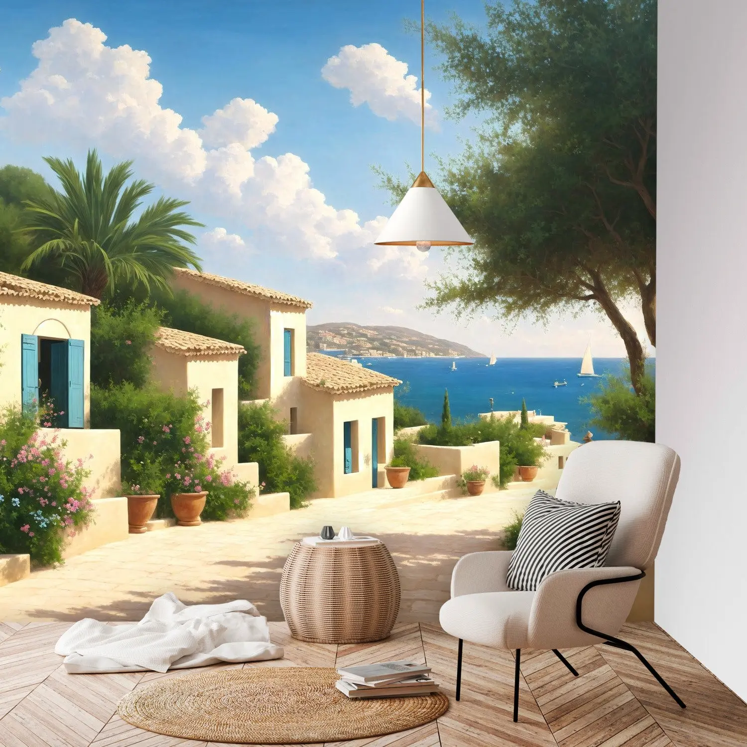 Greece Wall Murals, Mediterranean Wallpaper, Peel and Stick Wallpaper, Travel Wallpaper, Coastal Village Wall Murals, Seaside Wall Murals