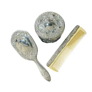 Vintage Hong Kong Silver Plated Brush and Comb and Powder Jar