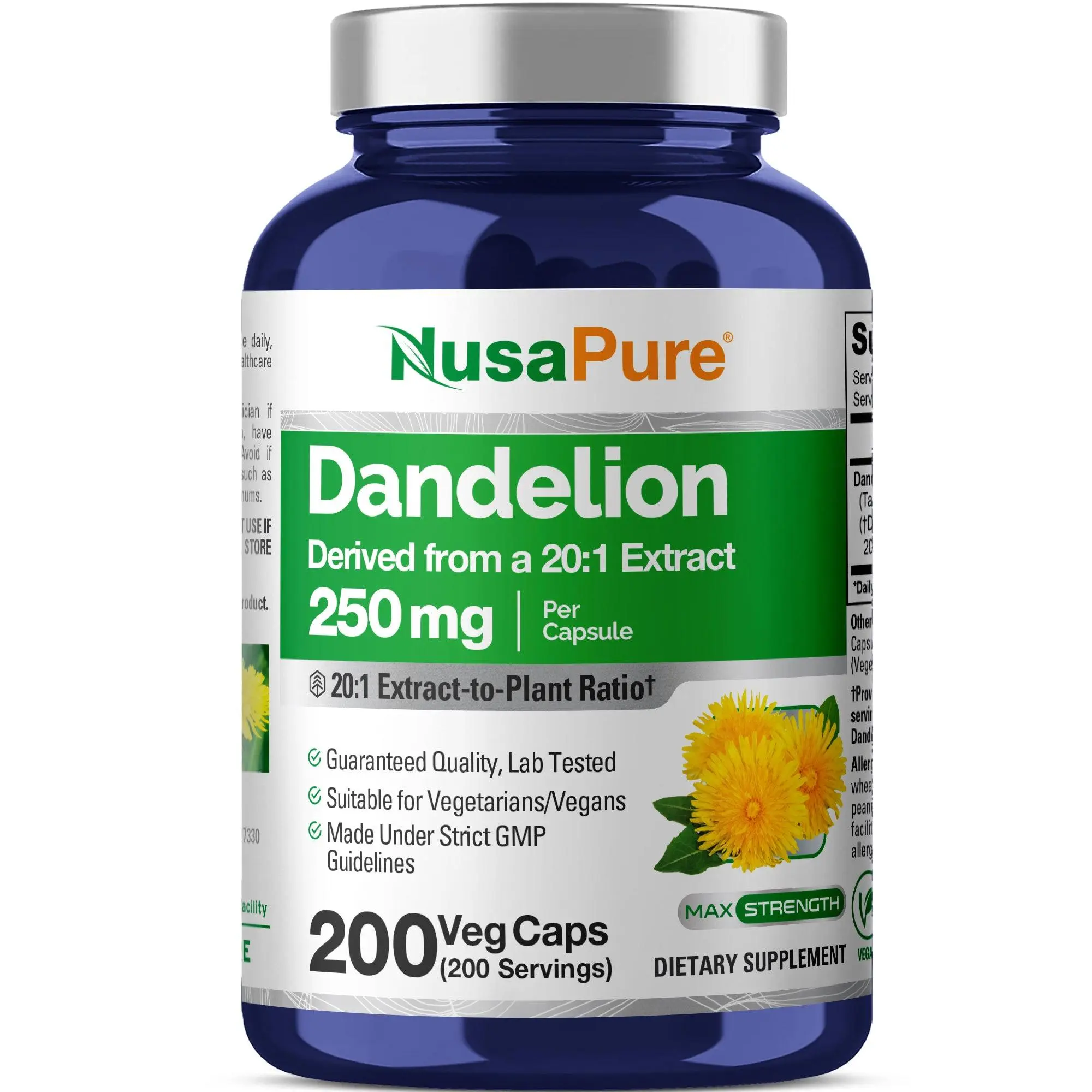NusaPure Dandelion Root 20:1 Botanical Extract Herbal Nutrition Blend - 250mg Daily Supplement, 200 Vegan Veg Capsules, Digestive Support Vitamins Supplements, Gut & Liver Detox Support, Non-GMO