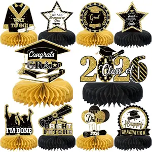 10PCS Graduation Party Decorations Class of 2026 Congrats Grad Table Centerpieces Congratulate Graduation Honeycomb Table Toppers for Graduation Party Supplies(Black Gold)