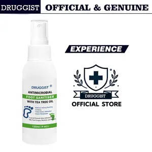 DRUGGIST Foot Sanitizer Spray with Tea Tree Oil, 4-Ounce Bottle ,Contains natural tea tree oil and aloe vera Long-lasting disinfectant and antibacterial spray Tinea pedis, fungal infection, burning, itching, dandruff