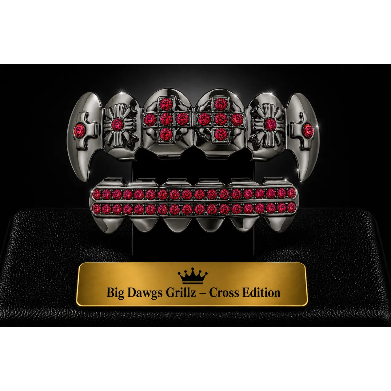 Rhodium Plated Upper & Lower Grillz Set Black Fangs w/ Red CZ Stones