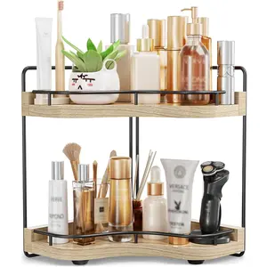 2-Tier Corner Bathroom Counter Organizer with Embedded Screw Holes, Secure &    Shelf for Makeup and Skincare Essentials - Space Saving Bathroom Countertop Storage, Light Walnut