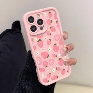 Pink Little White Flower Strawberry Case for iPhone 17 Air 16 15 14 Pro Max 13 12 11 XR XS Plus Shockproof Full Camera Protection Durable slim Silicone Cover Protective Smartphone Cellphone Casing