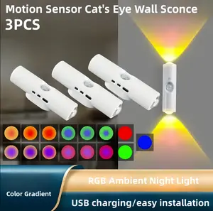 3-Pack White, No-Wire Magnetic Night Light, USB-C Rechargeable with Motion Sensor & 7 Color Changing LED, for Wall Mount in Hallway, Bedroom, Bathroom, lighting