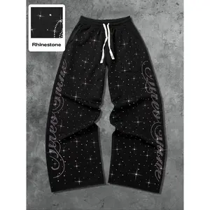 Street Life Streetwear Style Rhinestone English Text Straight Leg Sweatpants