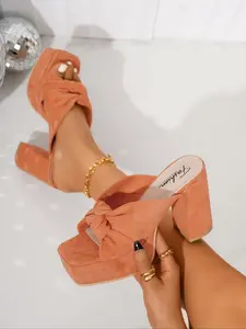 Women's Fashion High Heel Sandals, Square Toe Open Toe Design, Dopa Color Bowknot, Perfect for Summer & Daily Wear, Chunky Sole, Sexy Streetwear