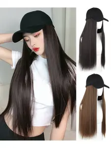 Women's Long Straight Hair Baseball Cap Wig Set, Synthetic Fiber Hat & Fake Hair Combo, Fashionable Spring Summer Full Head Cover, Synthetic Material Wigs