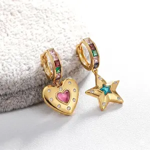 Heart Star Dangle Hoop Earring for Women 14K Gold  Plated Personalized Charm Hoops Earrings Bling Jewelry Gift