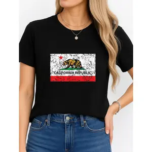 California Flag T Shirt Black Casual Wear Personalized Unisex Women's Top Summer Comfortable Breathable Short Sleeve Tee Suitable For All Outfits Made In Usa