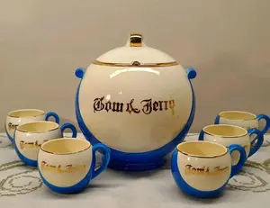 Vintage KB Japan Hall Pottery Style Tom & Jerry Eggnog Punch Bowl & 6 Cups
