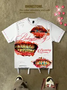 Y2K unisex perforated short sleeved sexy lip print summer t-shirt men's cotton t-shirt men's shirt European and American street casual fashion trendy brand aesthetic geometric short sleeved American retro Streetwear Menswear