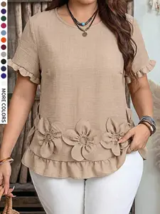 Plus Size Women's Casual Shirt, Plain Color with 3D Floral Decoration, Comfortable Daily Top, Unique Design for All Seasons