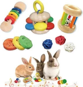 9PCS Wooden Bunny Toys,Safe Rabbit & Guinea Pigs Teeth Grinding Toy for Chinchillas, Hamsters & Small Animals - Indoor & Outdoor
